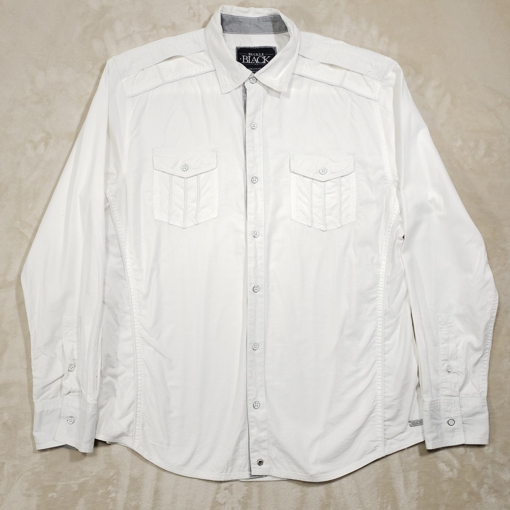 Buckle Black Button Up Shirt Men Large White Athletic Fit Epaulet‎ Textured
